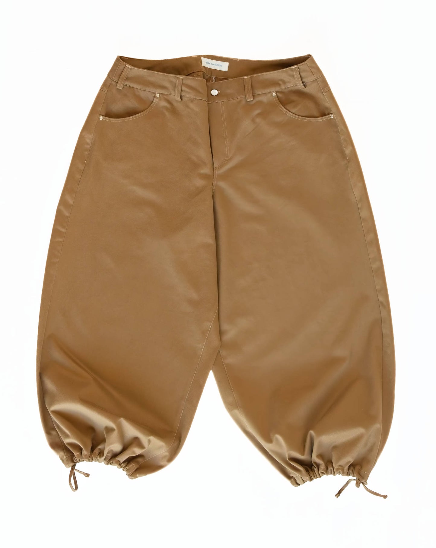 Wide-leg khaki brown jeans with drawstring cuffs on a white background