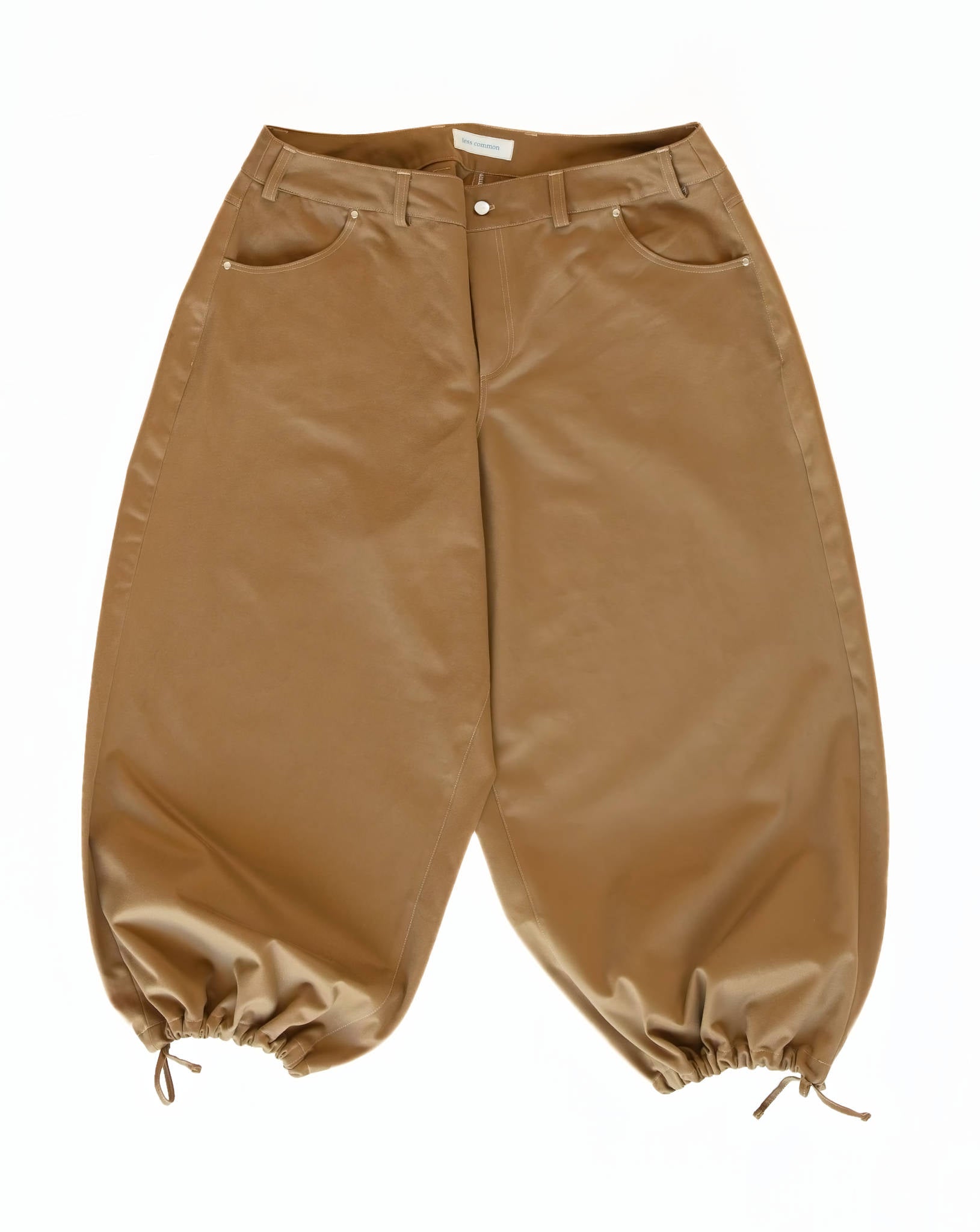 Wide-leg khaki brown jeans with drawstring cuffs on a white background