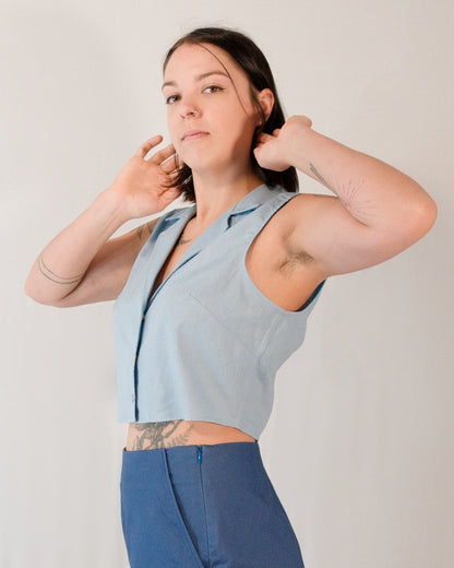 Sleeveless blouse in skyline blue styled with Kingfisher A-line shorts in blue.